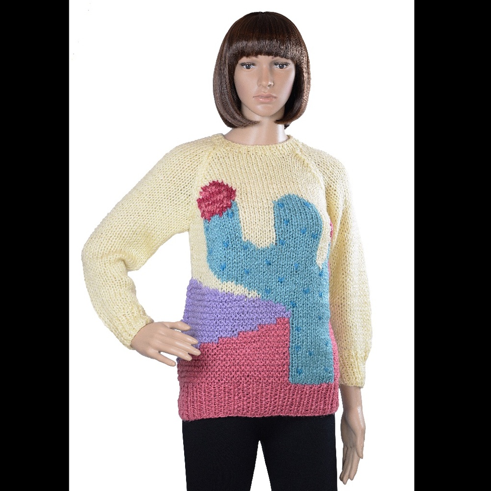 Hand-knit Sweater, Cactus Pattern, Petite, NWOT